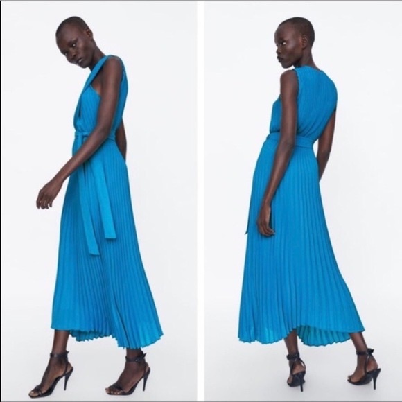ZARA BLUE BLUE CRISS CROSS HALTER LONG DRESS - Picture 4 of 10